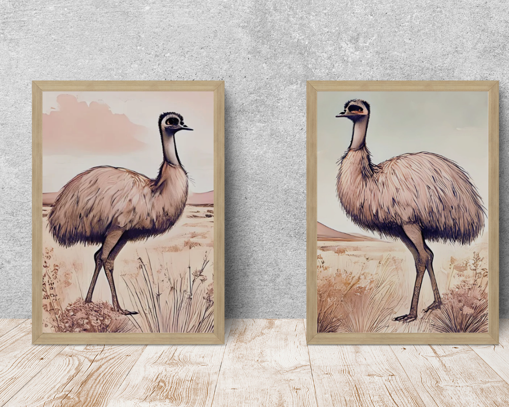 Emu In the Wild - Nursery Poster & Canvas Wall Art Set of 2 Print Material