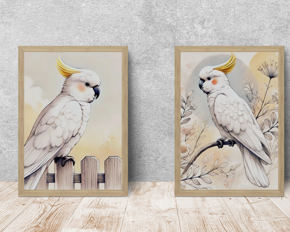 Wildflowers Cockatoo + Backyard Cockatoo Nursery Wall Art Set of 2 Print Material