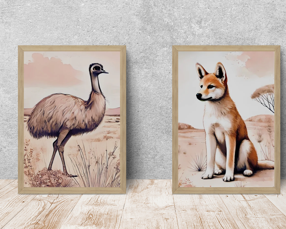 Outback Dingo & Emu- Nursery Poster & Canvas Wall Art Set of 2 Print Material