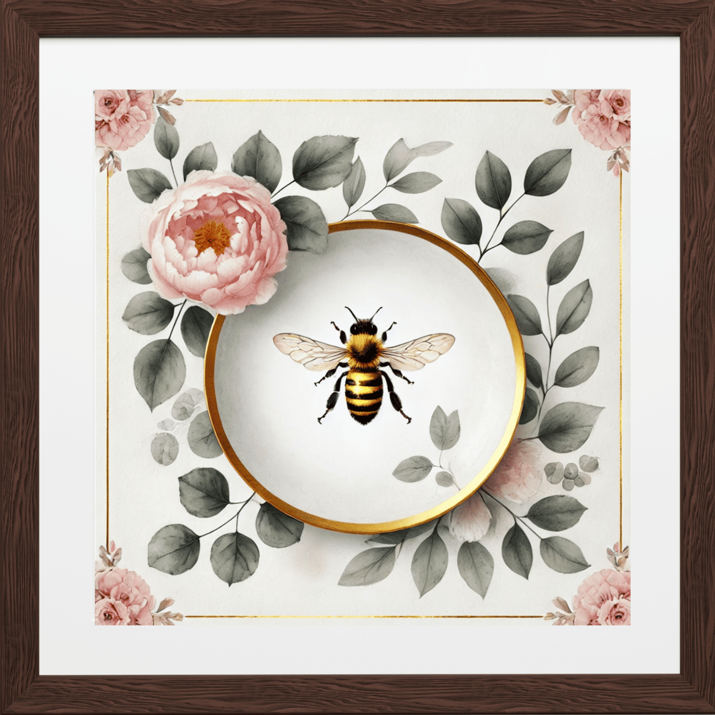 Peony Bloom & Golden Honey Bee Floral Wall Art | Kitchen Wall Art | Dining Room Wall Art | Vintage Wall Art