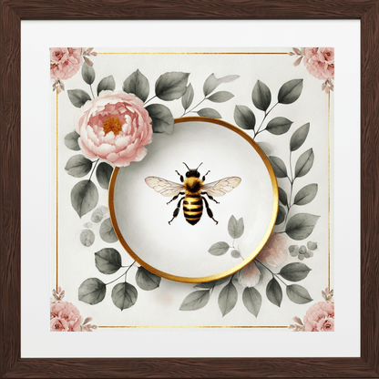 Peony Bloom & Golden Honey Bee Floral Wall Art | Kitchen Wall Art | Dining Room Wall Art | Vintage Wall Art