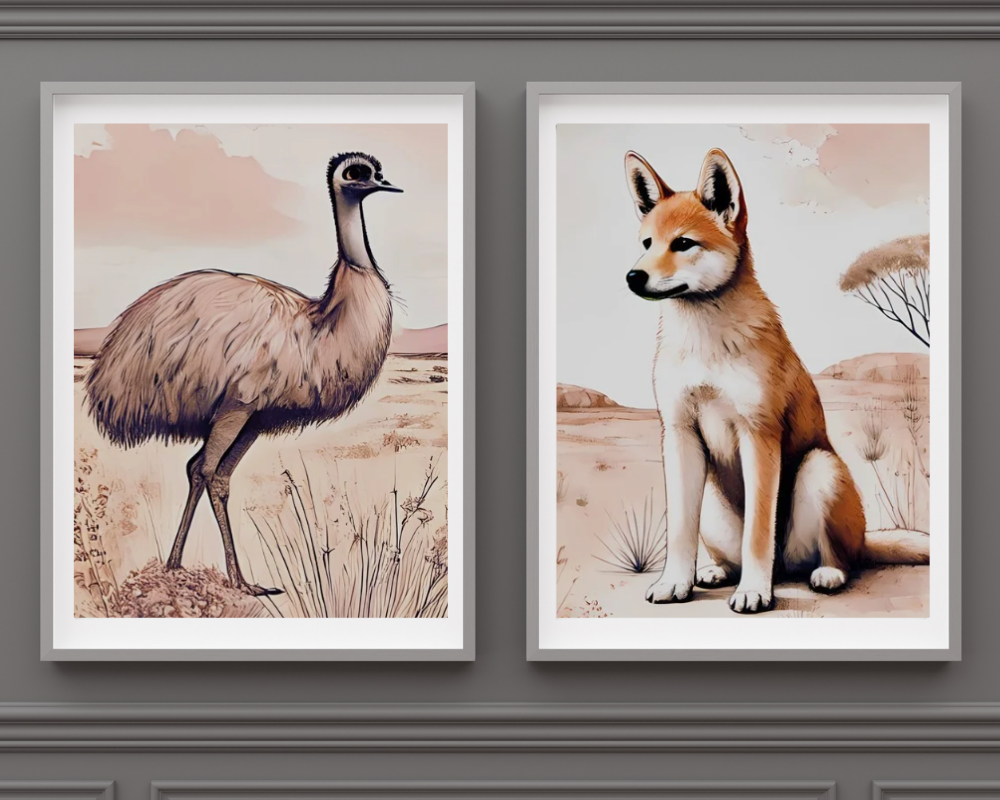Outback Dingo & Emu- Nursery Poster & Canvas Wall Art Set of 2 Print Material