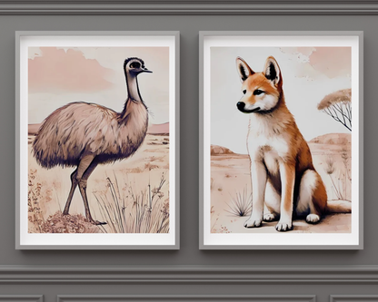 Outback Dingo & Emu- Nursery Poster & Canvas Wall Art Set of 2 Print Material