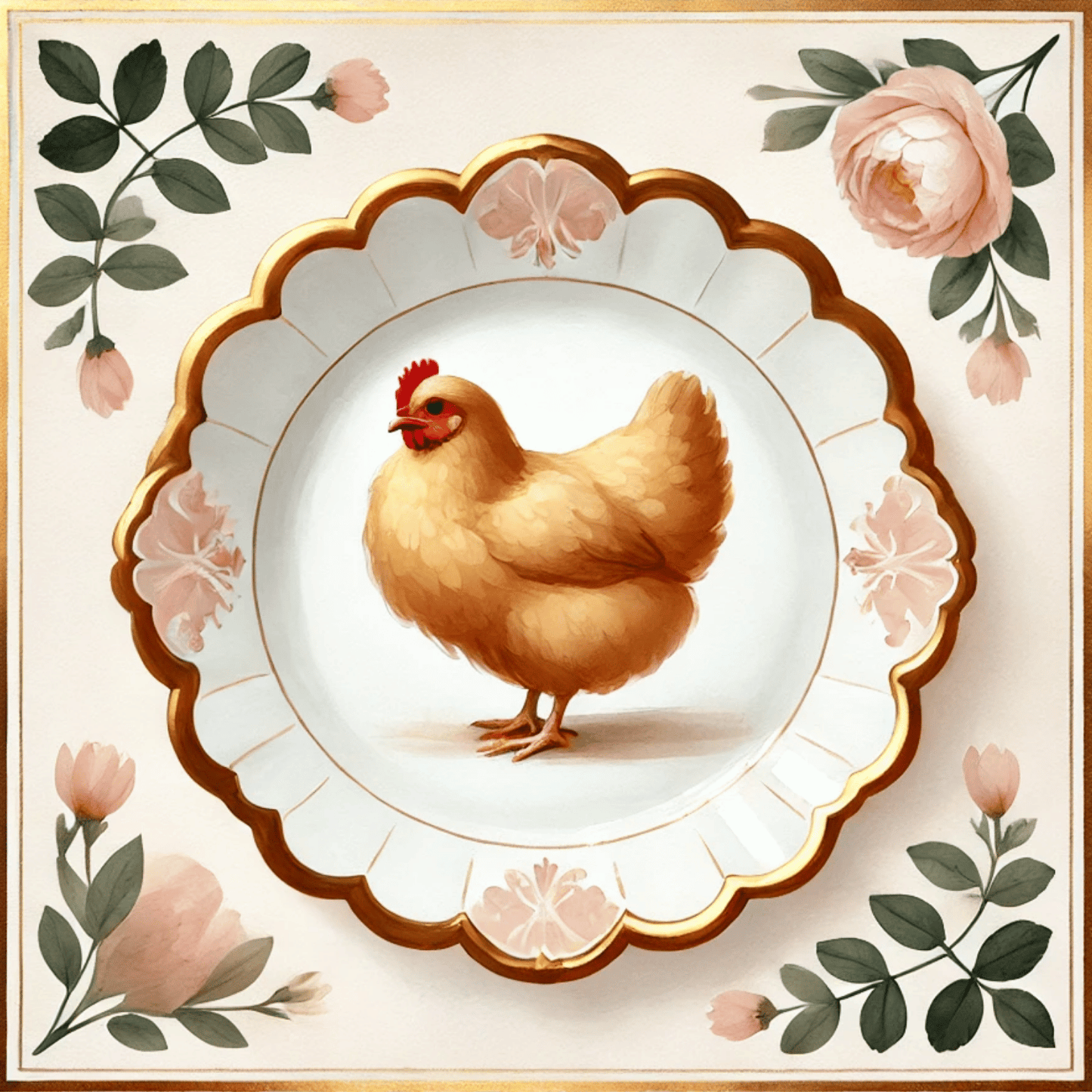 Peony Perch – Quirky Vintage Kitchen Dining Wall Art Canvas | Stretched & Framed | Chicken Wall Art Canvas Wall Art