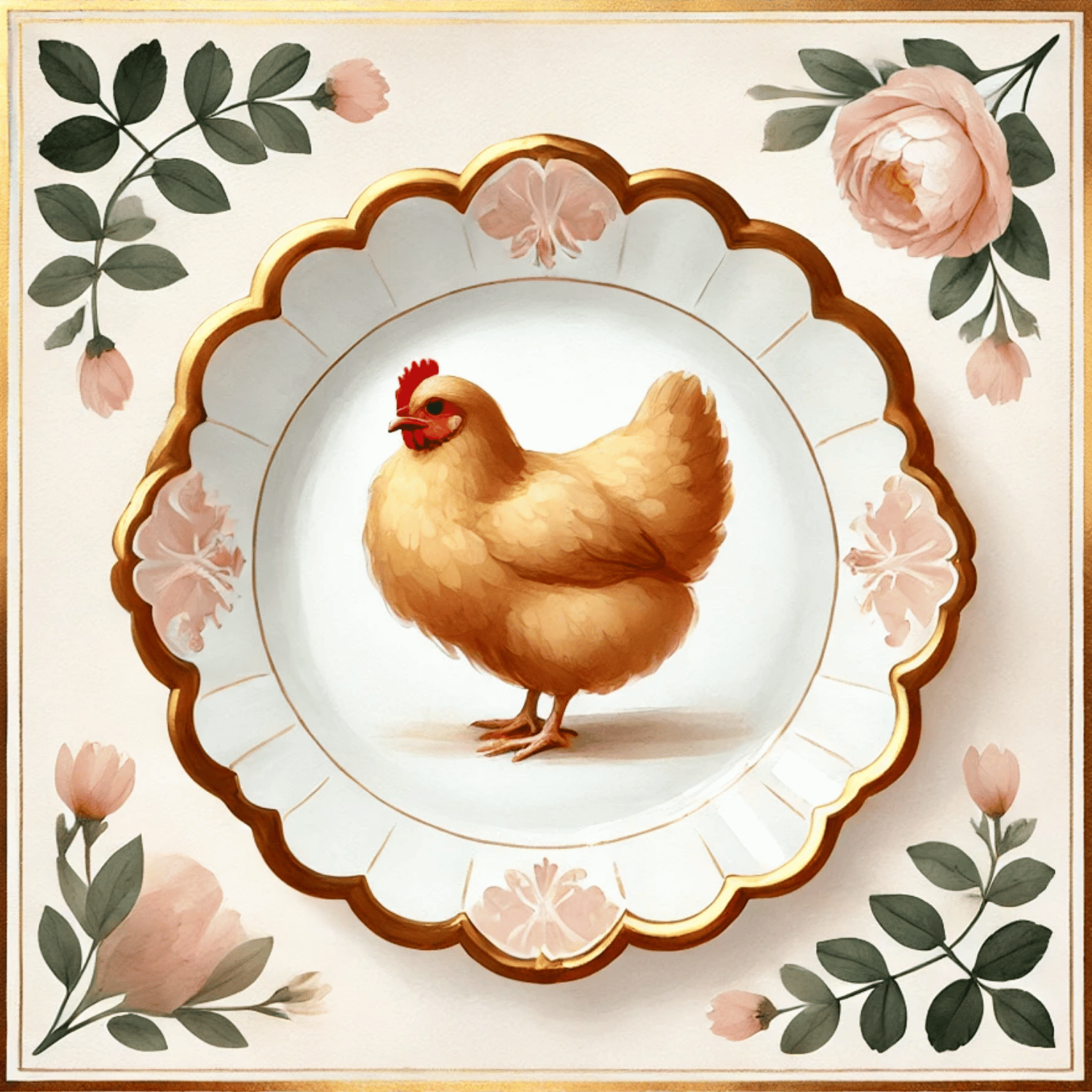 Peony Perch – Quirky Vintage Kitchen Dining Wall Art Canvas | Stretched & Framed | Chicken Wall Art Canvas Wall Art