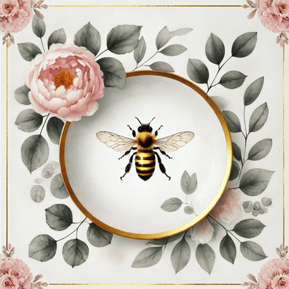 Peony Bloom & Golden Honey Bee Floral Wall Art | Kitchen Wall Art | Dining Room Wall Art | Vintage Wall Art