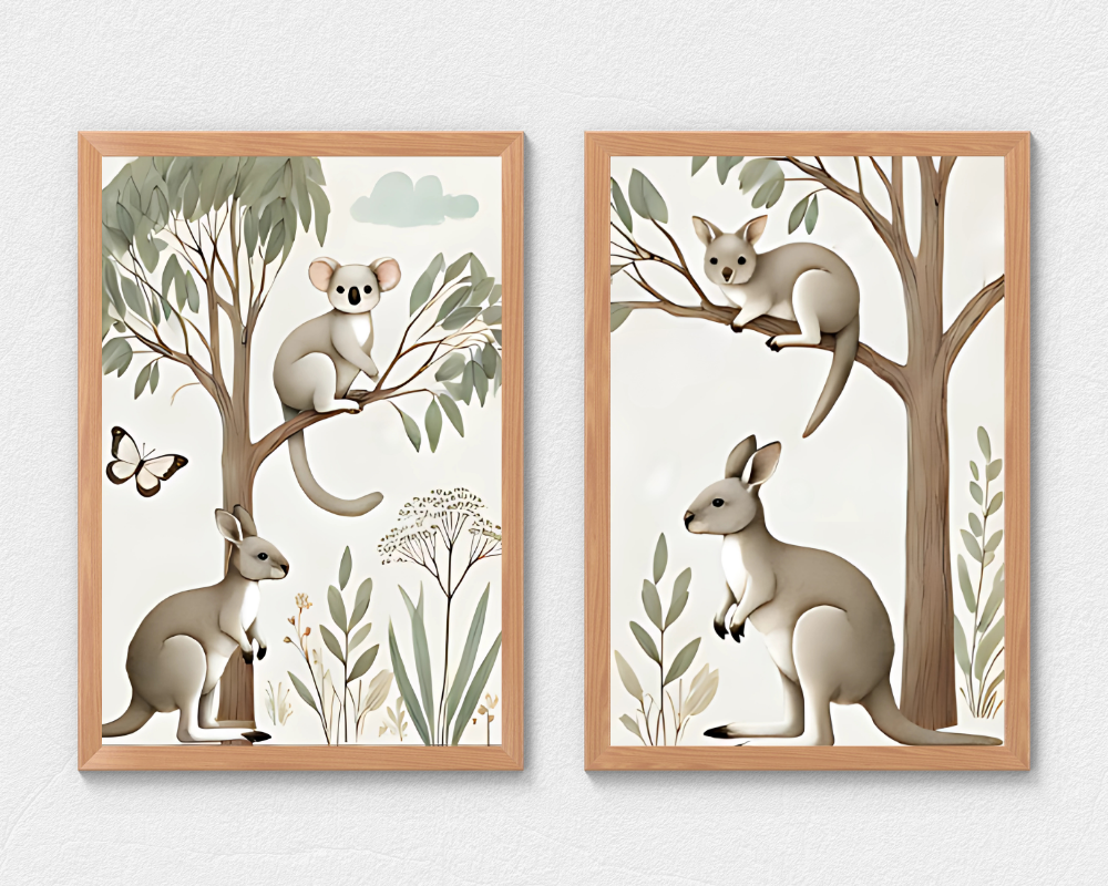 Koala and Kangaroo + Tree Kangaroo & Ground Kangaroo Nursery Wall Art Set of 2 Print Material