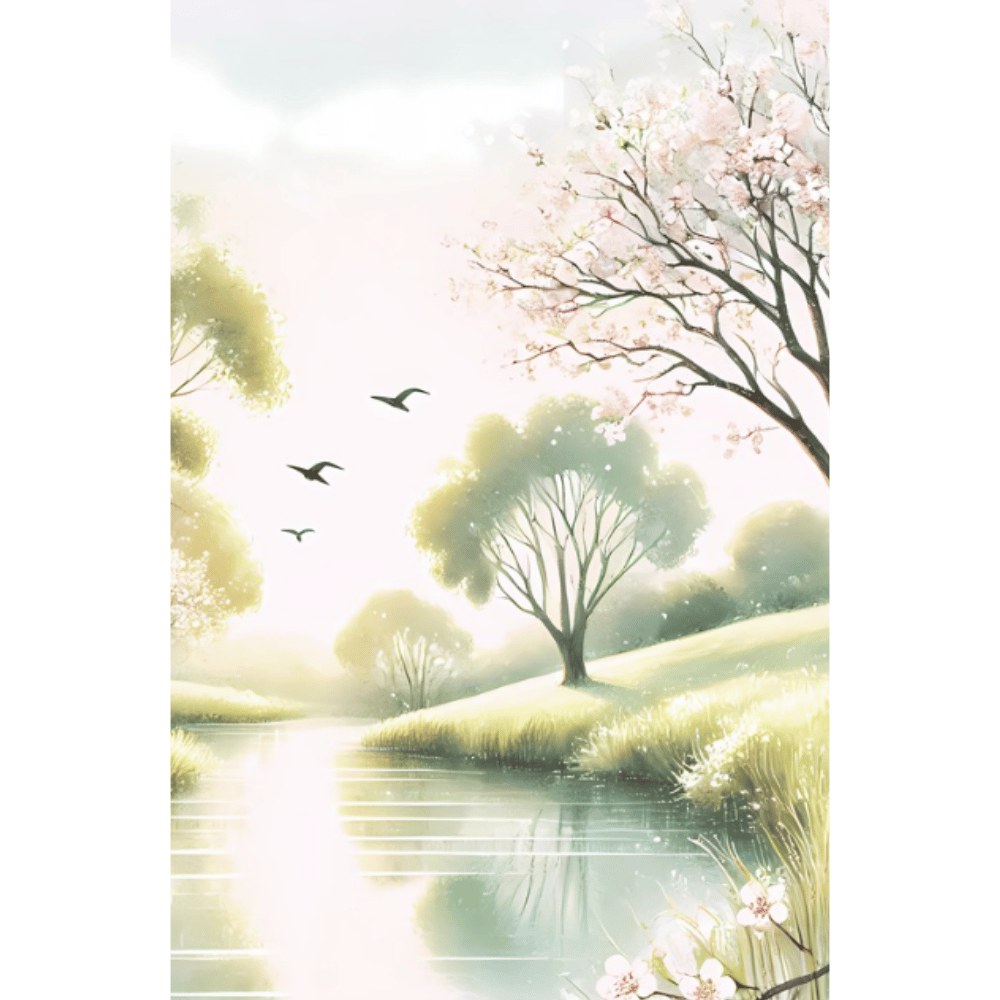 Tranquil Spring Riverside – Cherry Blossoms Birds Botanical Canvas Wall Art Print Deco Print Material