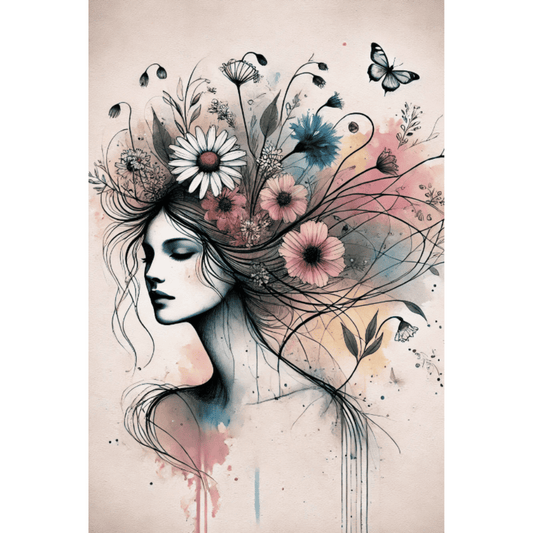 Blossoming Spirit Art Print Floral and Woman Wall Art Print Material