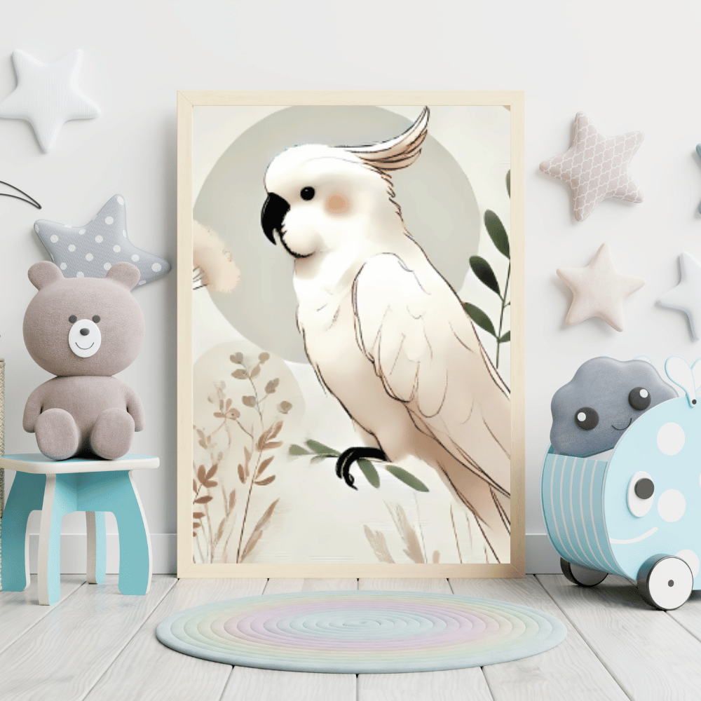 White Cockatoo Minimalist Wall Art – Australian Parrot Botanical Print Decor Print Material