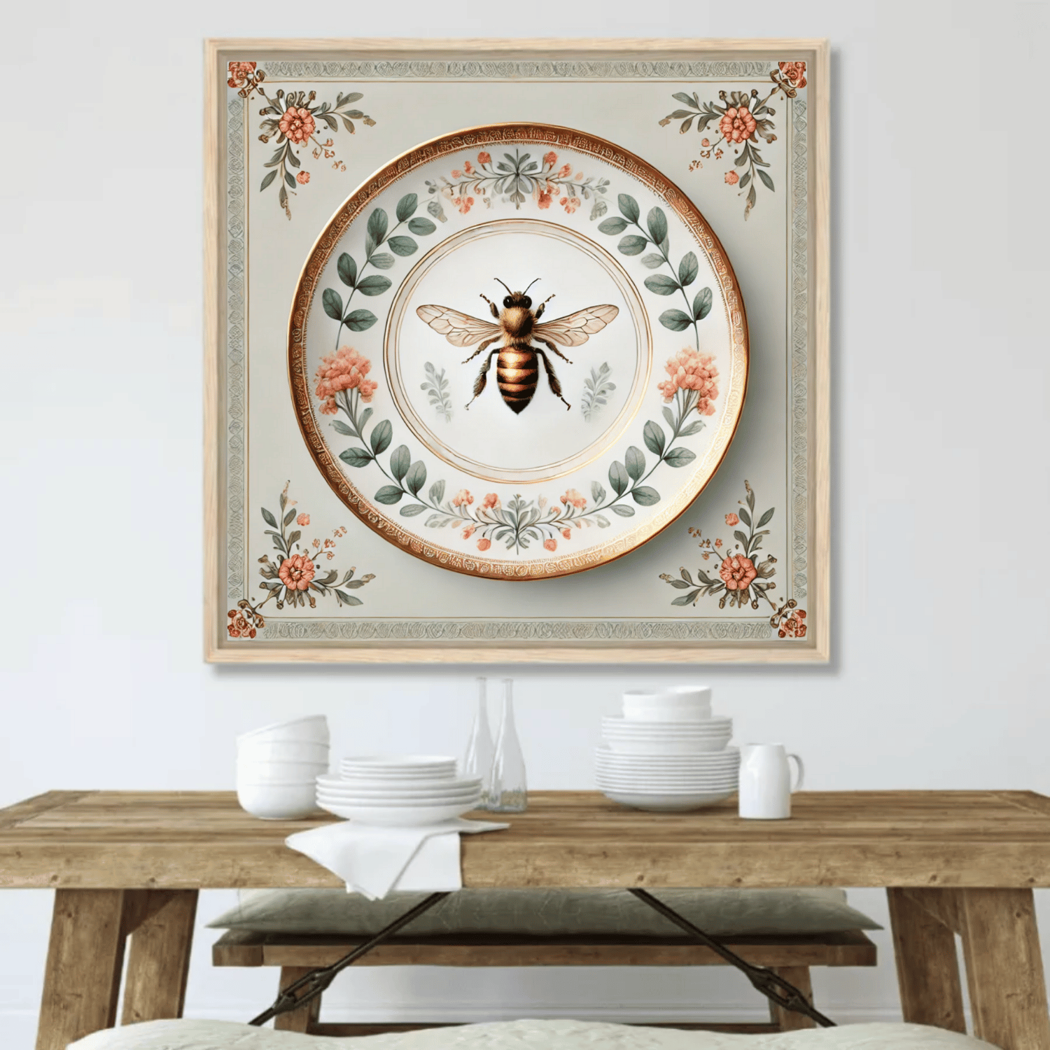 Botanical Bee & Blush Floral Canvas Wall Art | Kitchen Wall Art | Dining Room Wall Art | Vintage Wall Art