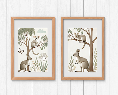 Koala and Kangaroo + Tree Kangaroo & Ground Kangaroo Nursery Wall Art Set of 2 Print Material