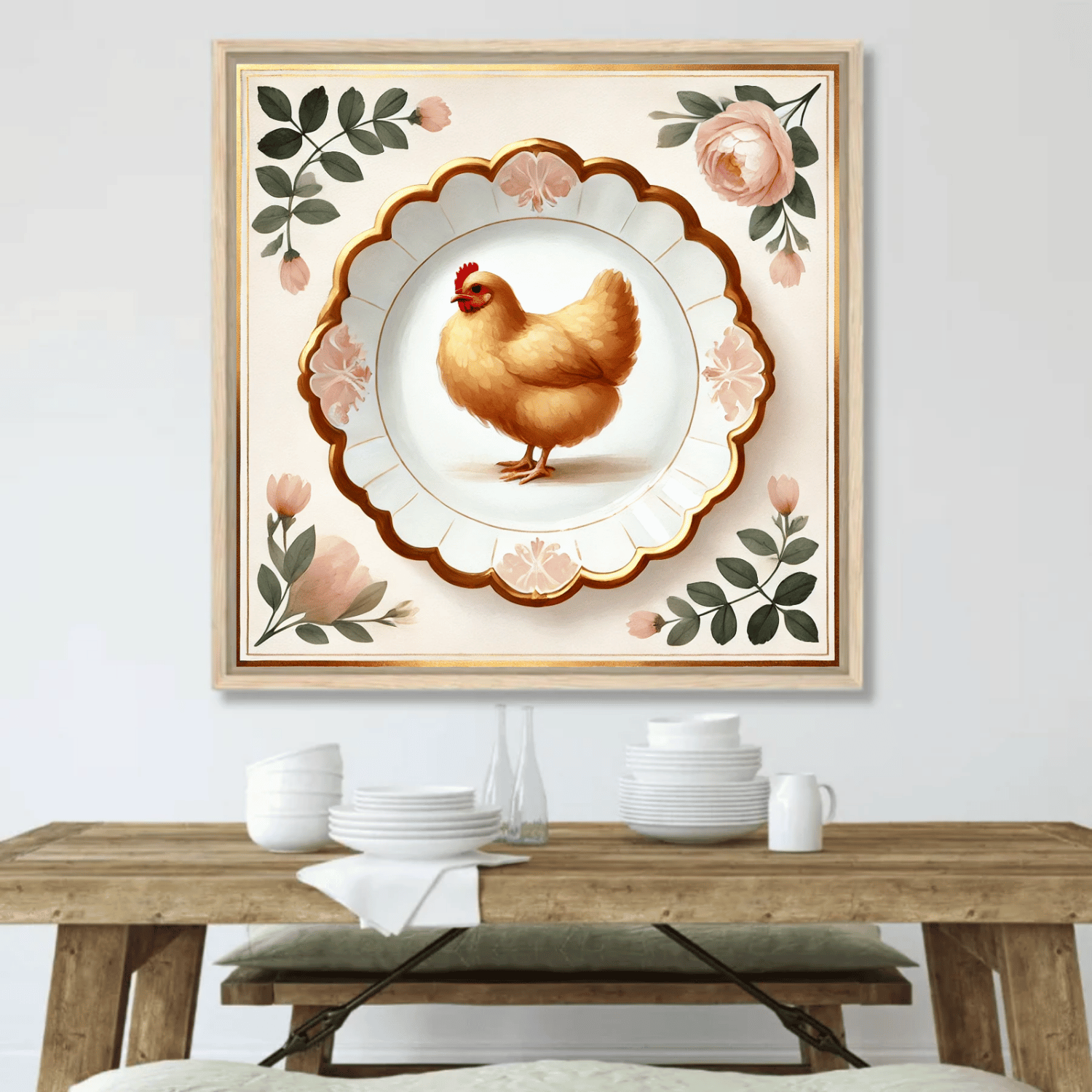 Peony Perch – Quirky Vintage Kitchen Dining Wall Art Canvas | Stretched & Framed | Chicken Wall Art Stretched Canvas