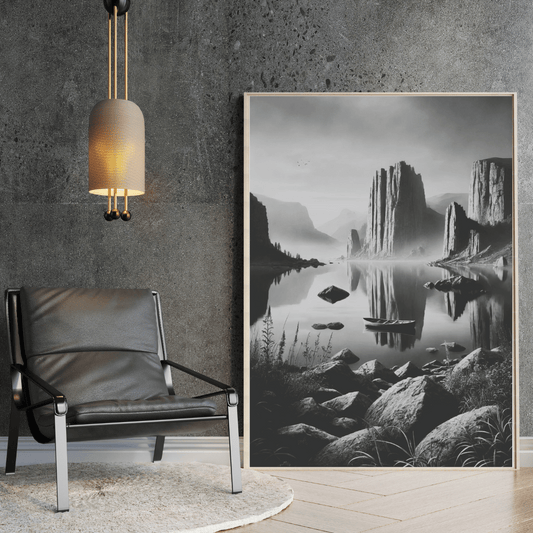 Black and White Mountain Reflection Boat Wall Art Print Print Material