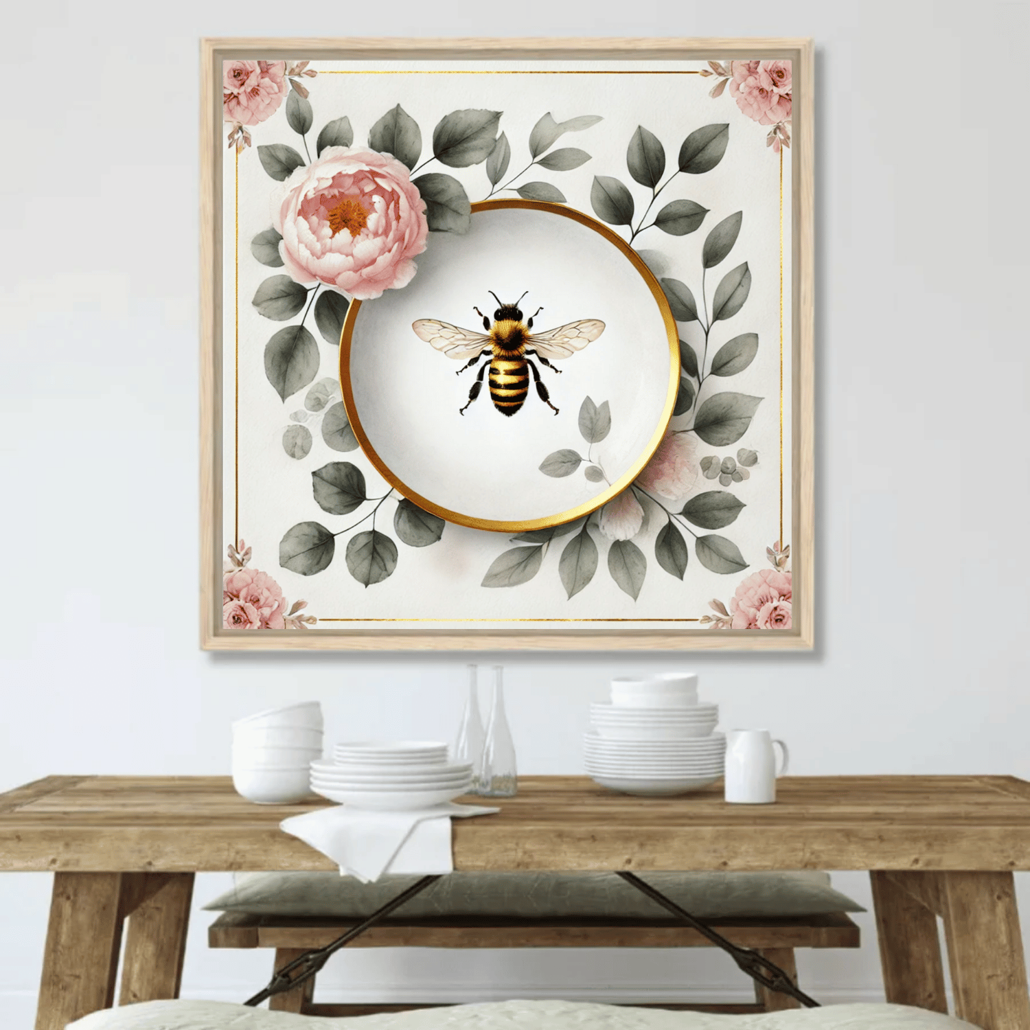 Peony Bloom & Golden Honey Bee Floral Wall Art | Kitchen Wall Art | Dining Room Wall Art | Vintage Wall Art