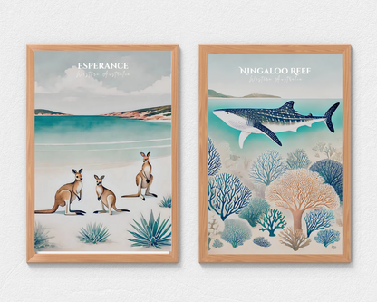 Western Australia - Esperance & Ningaloo Reef Animal Poster & Canvas Wall Art Set of 2 Print Material