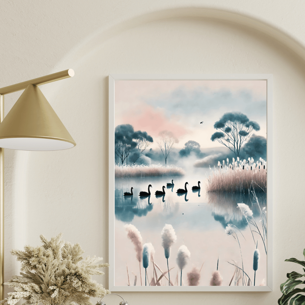 Winter Swans - Misty Waters Trees Wild Grass Winter Canvas Wall Art Print Decor Print Material