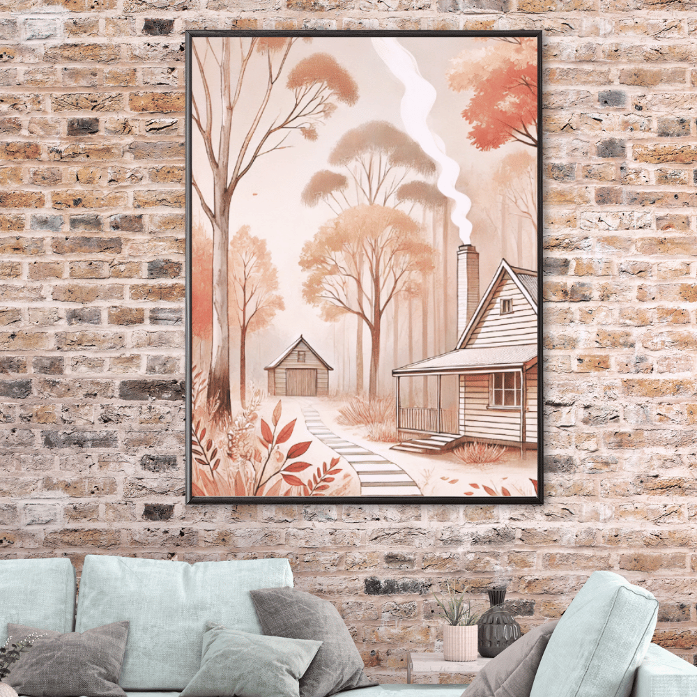 Autumn Retreat – Cabin Wildflowers Trees Botanical Autumn Canvas Wall Art Print Decor Print Material