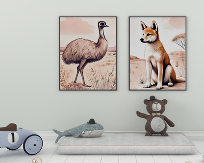 Outback Dingo & Emu- Nursery Poster & Canvas Wall Art Set of 2 Print Material
