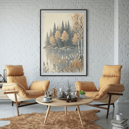 Autumn Lake Reflections Scandinavian Wall Art Print Print Material