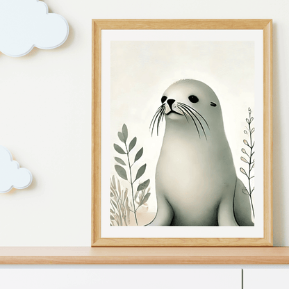 Australian Seal Minimalist Wall Art – Coastal Wildlife Botanical Print Decor Print Material