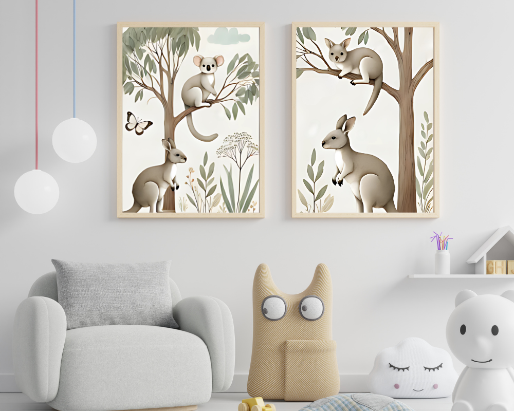 Koala and Kangaroo + Tree Kangaroo & Ground Kangaroo Nursery Wall Art Set of 2 Print Material
