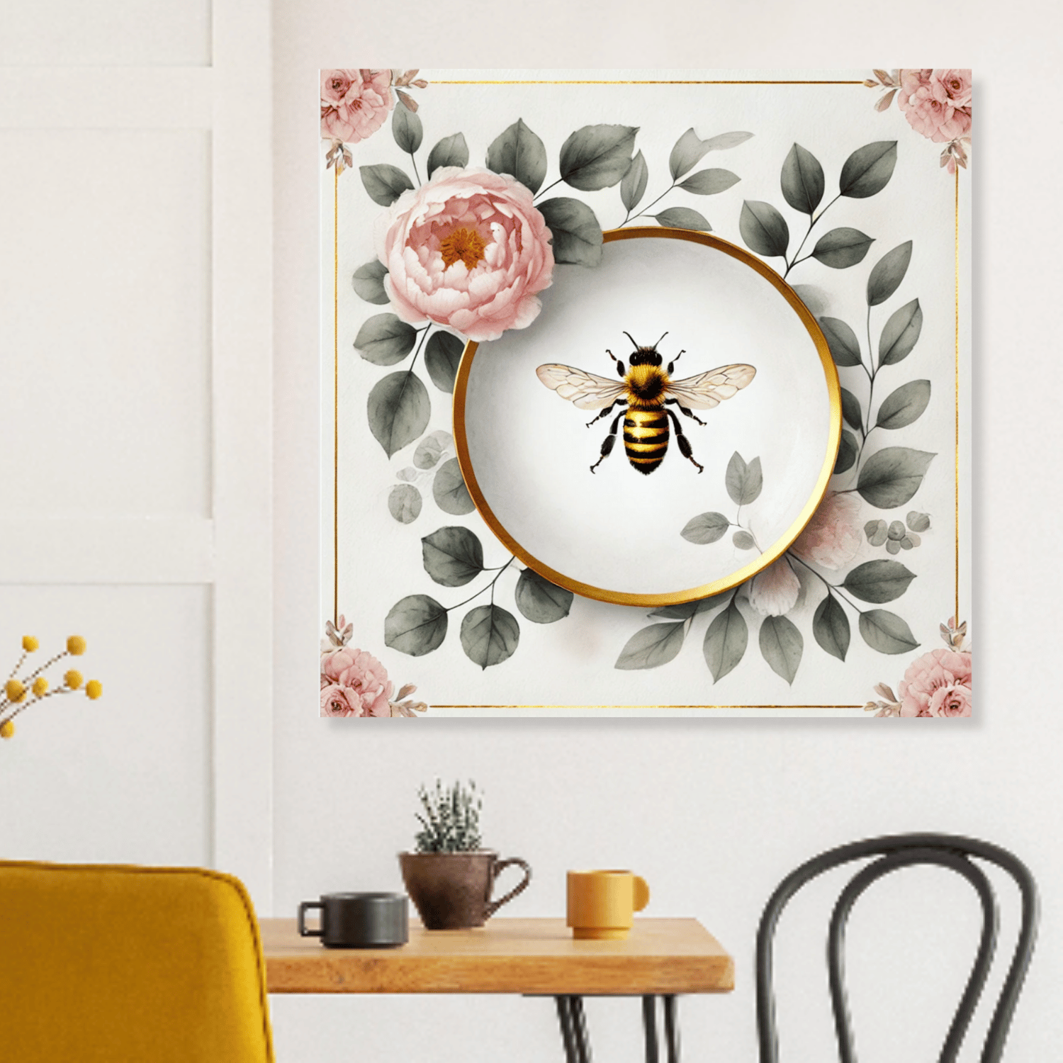 Peony Bloom & Golden Honey Bee Floral Wall Art | Kitchen Wall Art | Dining Room Wall Art | Vintage Wall Art