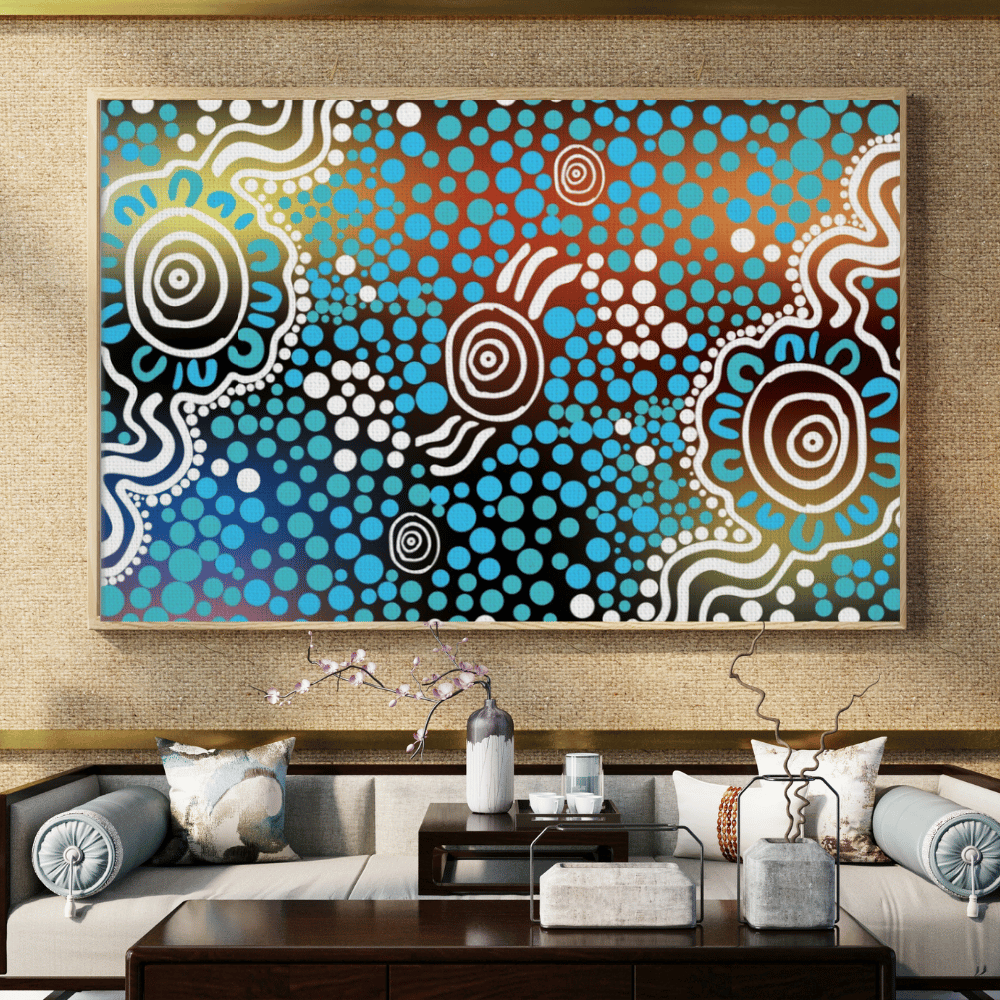 Spirit of the Waterholes – Aboriginal Wall Art | Stretched & Framed Canvas Print Material