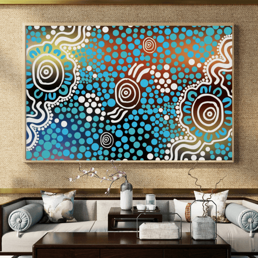 Spirit of the Waterholes – Aboriginal Wall Art | Stretched & Framed Canvas Print Material