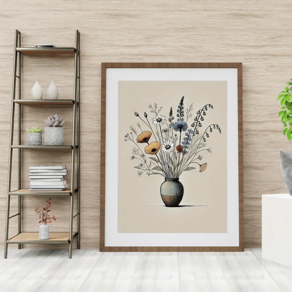 Sunlit Wildflower Bouquet in A Vase Wall Art Print Print Material