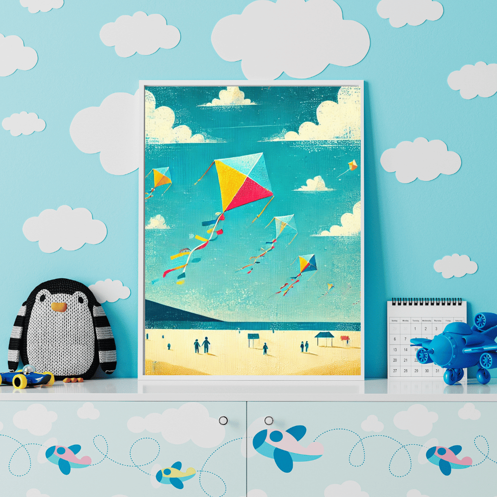 Colorful Kite Flying on Beach Wall Art Print Print Material