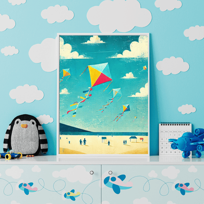 Colorful Kite Flying on Beach Wall Art Print Print Material