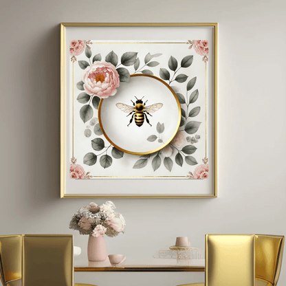 Peony Bloom & Golden Honey Bee Floral Wall Art | Kitchen Wall Art | Dining Room Wall Art | Vintage Wall Art