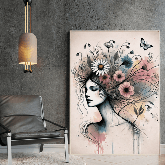 Blossoming Spirit Art Print Floral and Woman Wall Art Print Material
