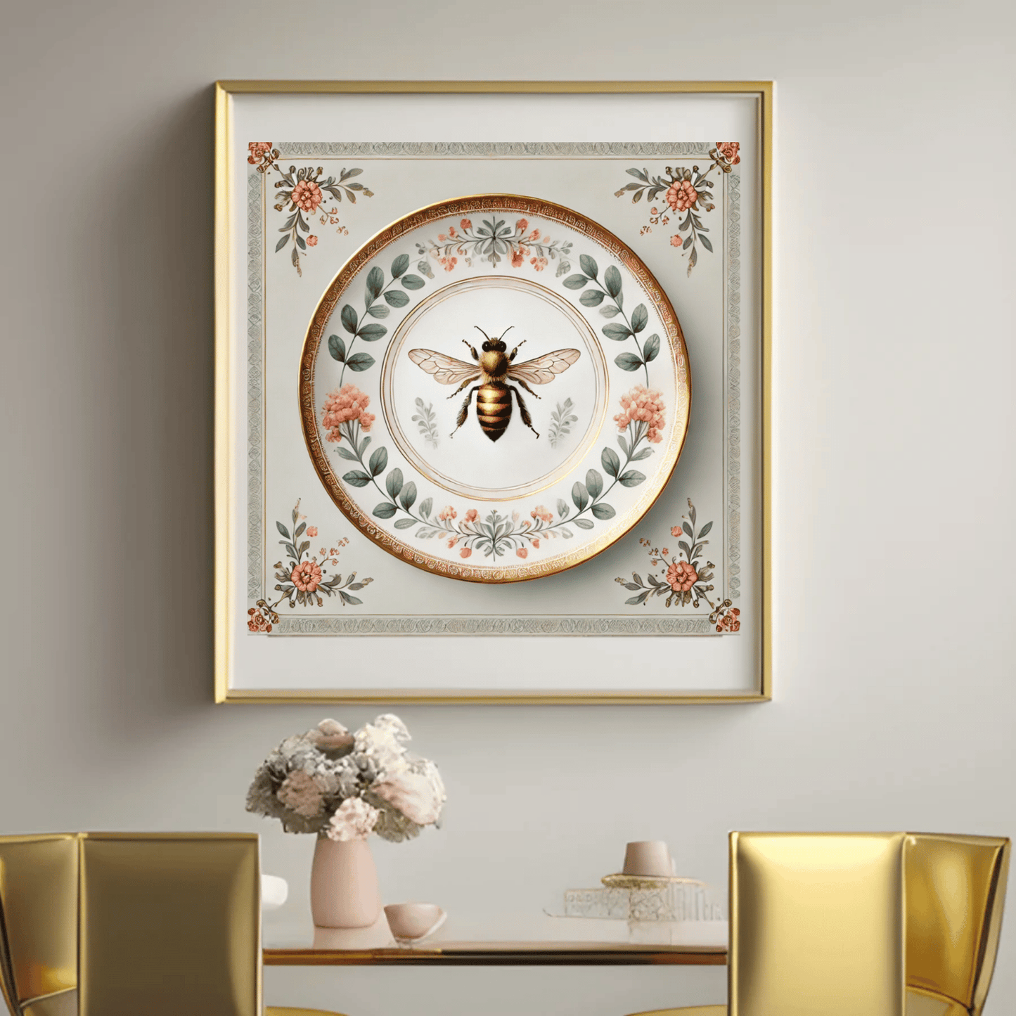 Botanical Bee & Blush Floral Canvas Wall Art | Kitchen Wall Art | Dining Room Wall Art | Vintage Wall Art