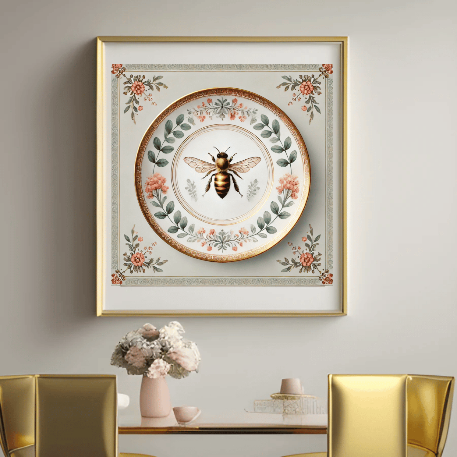 Botanical Bee & Blush Floral Canvas Wall Art | Kitchen Wall Art | Dining Room Wall Art | Vintage Wall Art