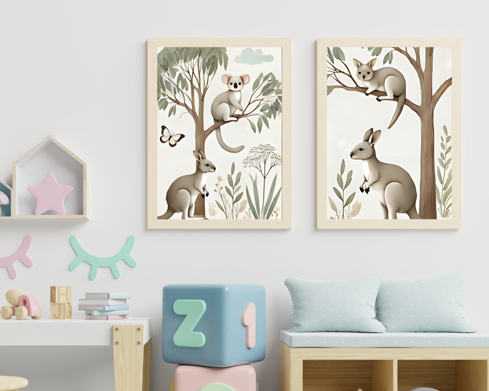 Koala and Kangaroo + Tree Kangaroo & Ground Kangaroo Nursery Wall Art Set of 2 Print Material