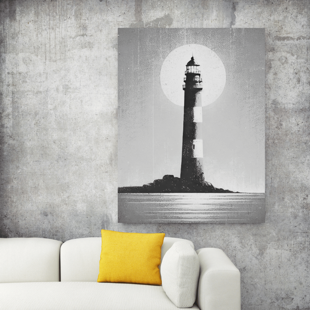 Black and White Lighthouse Under Moonlight Wall Art Print Print Material
