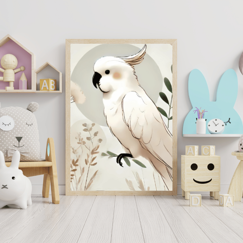 White Cockatoo Minimalist Wall Art – Australian Parrot Botanical Print Decor Print Material