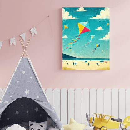 Colorful Kite Flying on Beach Wall Art Print Print Material
