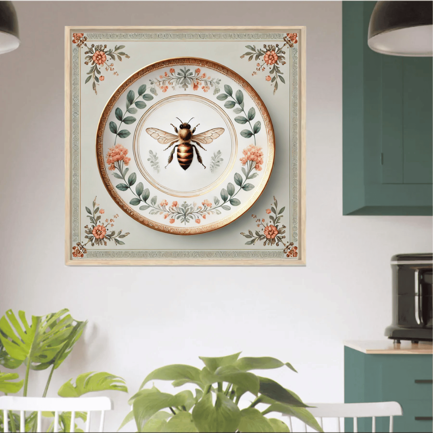 Botanical Bee & Blush Floral Canvas Wall Art | Kitchen Wall Art | Dining Room Wall Art | Vintage Wall Art