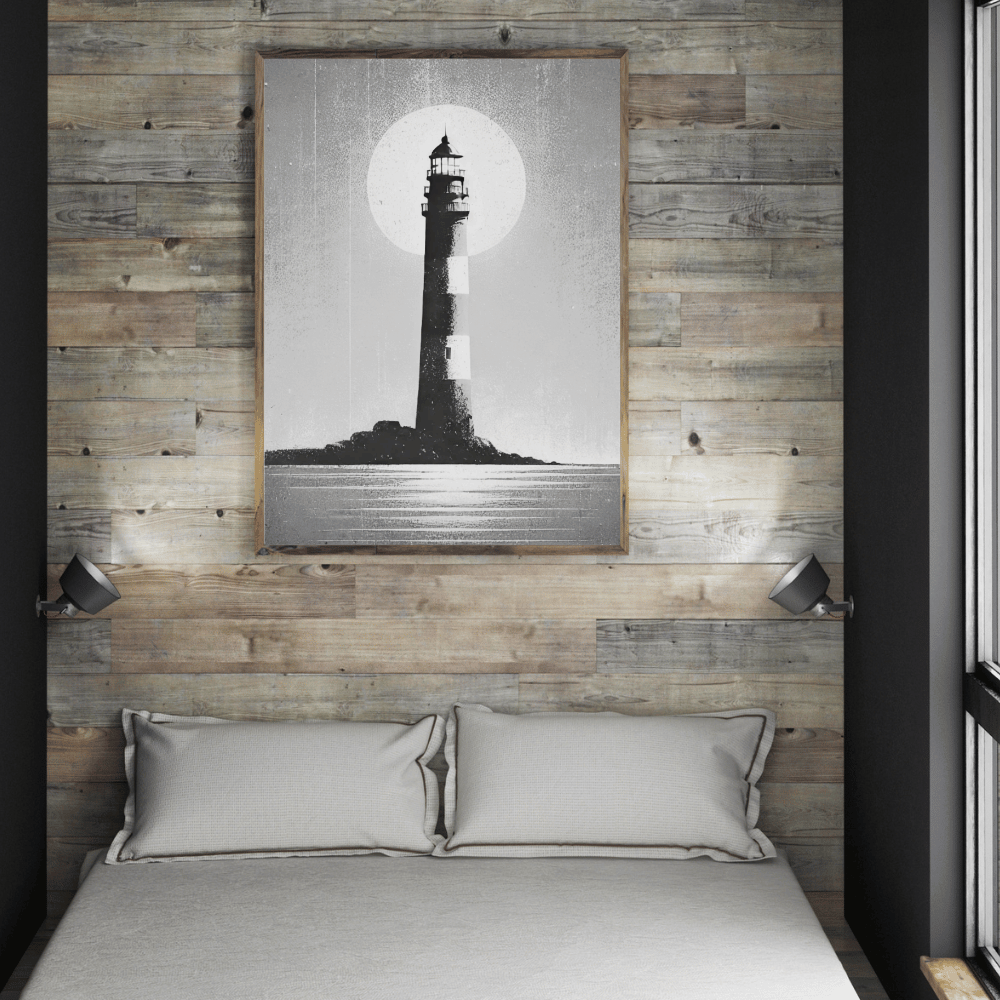 Black and White Lighthouse Under Moonlight Wall Art Print Print Material