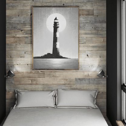 Black and White Lighthouse Under Moonlight Wall Art Print Print Material
