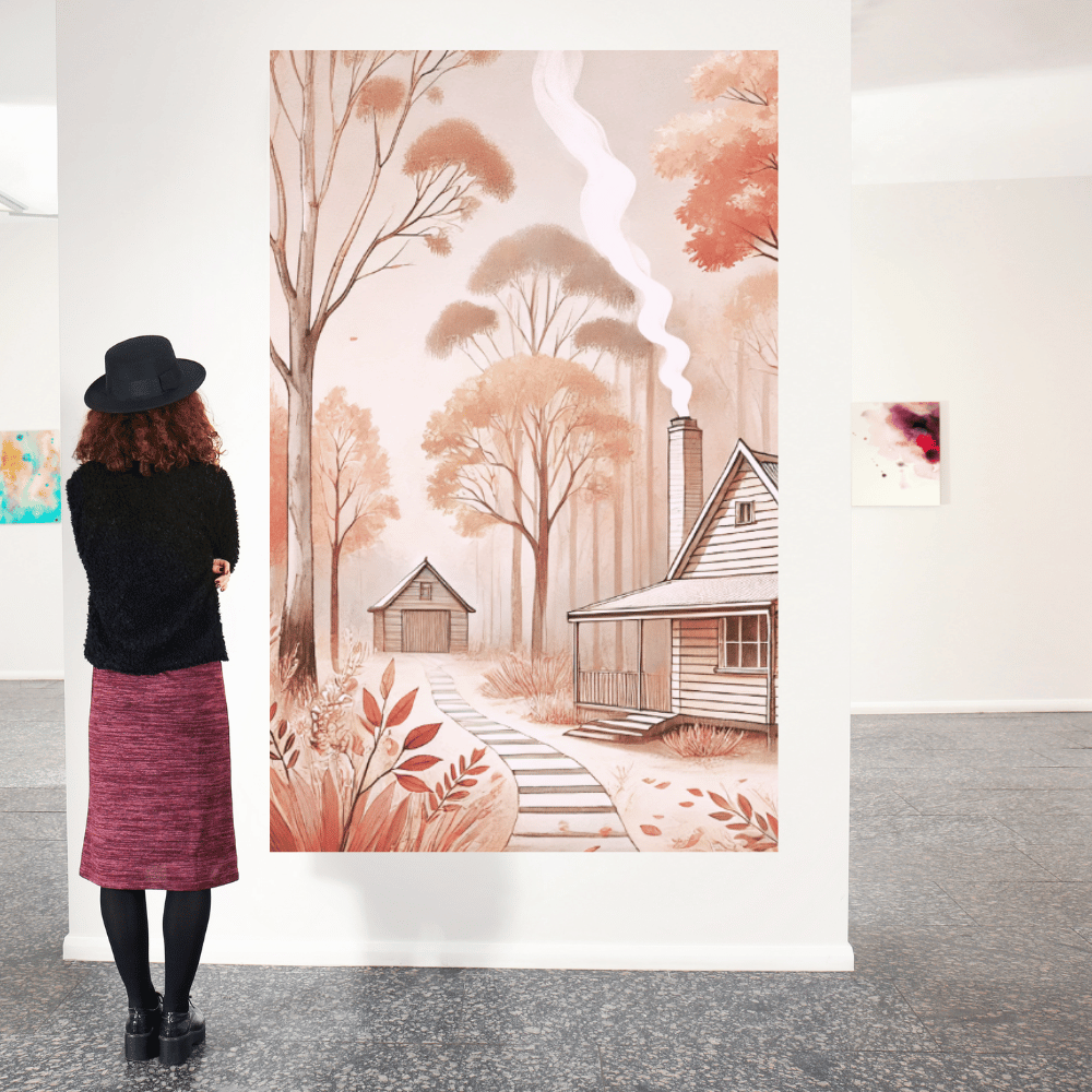 Autumn Retreat – Cabin Wildflowers Trees Botanical Autumn Canvas Wall Art Print Decor Print Material