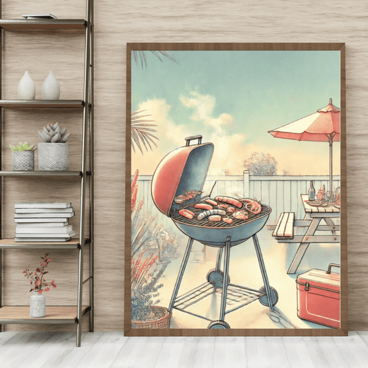 Sizzle & Sun - Aussie Backyard BBQ – Summer Canvas Wall Art Print Decor Framed Poster / 50x70 cm / 20x28″ / Wood frame