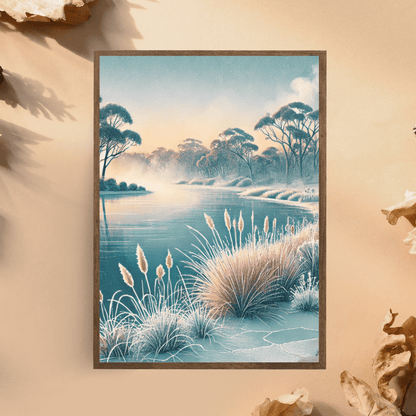 Winter River Glow - Trees Wild Grass Canvas Wall Art Print Decor Print Material