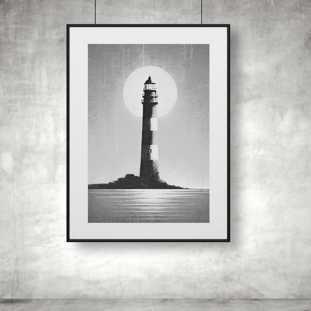 Black and White Lighthouse Under Moonlight Wall Art Print Print Material