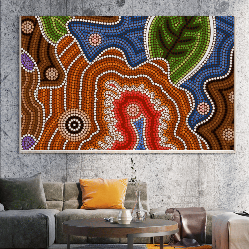 Sacred Earth Dreaming – Aboriginal Wall Art | Stretched & Framed Canvas Print Material