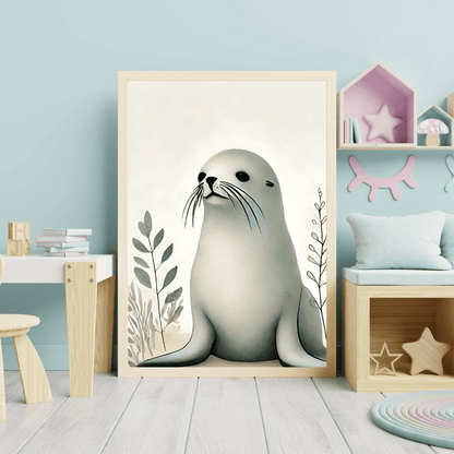 Australian Seal Minimalist Wall Art – Coastal Wildlife Botanical Print Decor Print Material
