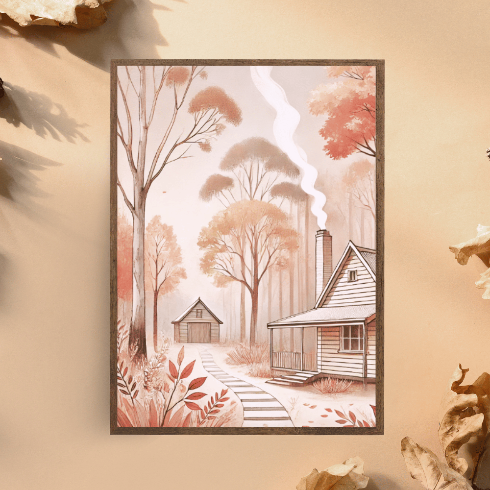 Autumn Retreat – Cabin Wildflowers Trees Botanical Autumn Canvas Wall Art Print Decor Print Material